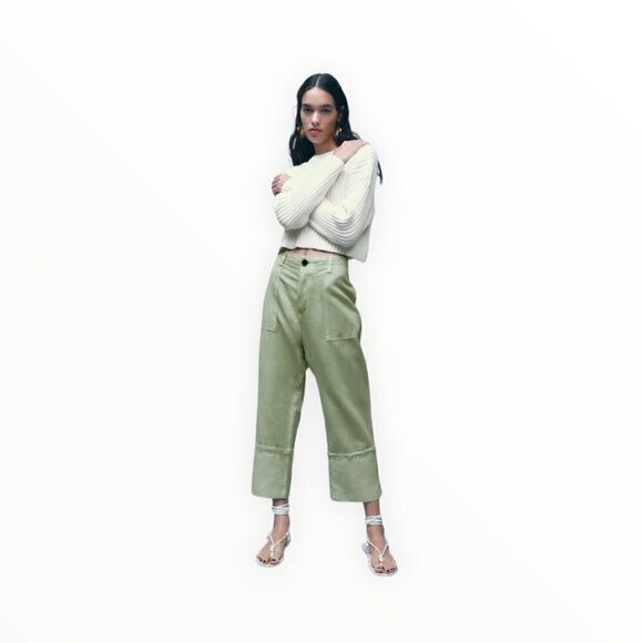 ZARA | Sea Green | LINEN BLEND TURNED UP CUFF PANTS - Picture 6 of 11